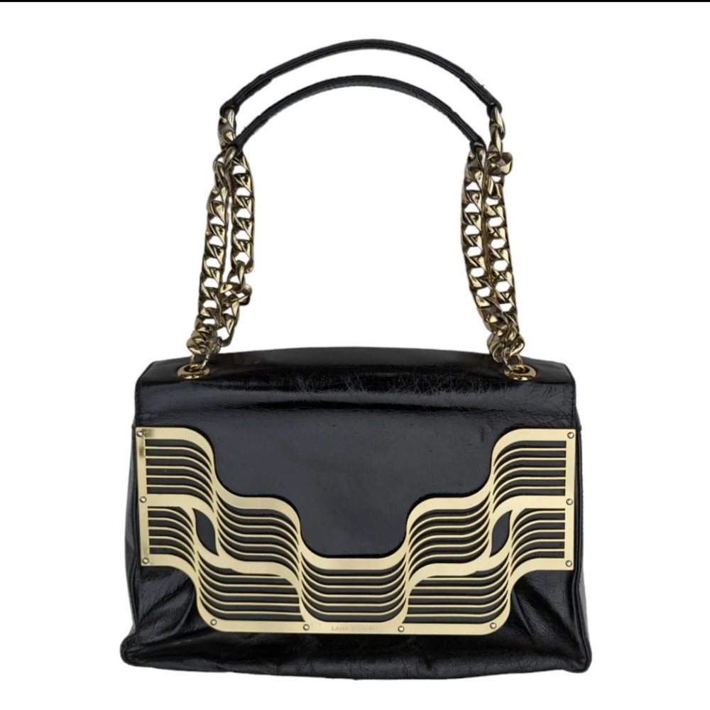 Lara Bohinc Black Leather Hand Bag Front Flap Metal Design Inside Flap Mirror